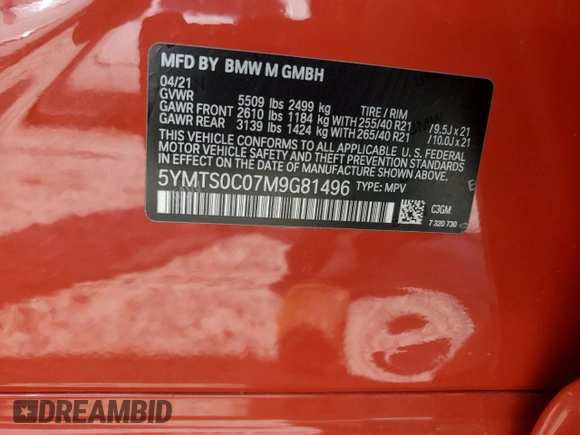 2021 BMW X3 M with VIN 5YMTS0C07M9G81496, listed as a Copart auction lot 63550525 with 53,112 mi miles and Salvage title. Bid and sale history available at DreamBid. Image 13.