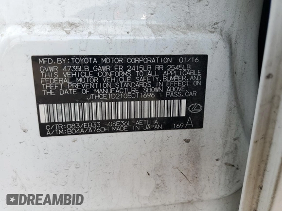 2016 Lexus IS 350 with VIN JTHCE1D21G5011696, listed as a Copart auction lot 56164095 with 66,030 mi miles and Salvage title. Bid and sale history available at DreamBid. Image 12.