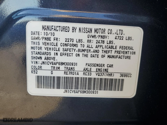 2011 Infiniti G37 Sedan Journey with VIN JN1CV6AP6BM300931, listed as a Copart auction lot 70533294 with 0 mi miles and Salvage Title. Bid and sale history available at carsss.com. Image 12.