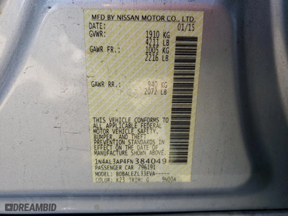 2015 Nissan Altima 2.5 S with VIN 1N4AL3AP4FN384049, listed as a Copart auction lot 49351575 with 187,843 mi miles and Salvage Title. Bid and sale history available at carsss.com. Image 12.