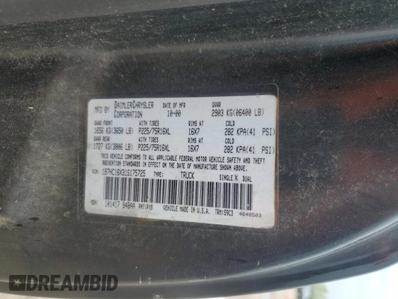 2001 Dodge 1500 Work Special с VIN 1B7HC16X31S175725, выставлен на аукционе Copart как лот 50723145 с пробегом 65 122 миль миль и Списание • Salvage title. История ставок и продаж доступна на DreamBid. Изображение 12.