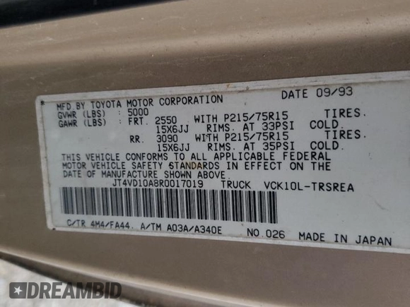 1994 Toyota T100 DX with VIN JT4VD10A8R0017019, listed as a Copart auction lot 86355814 with 194,688 mi miles and Salvage Title. Bid and sale history available at DreamBid. Image 14.