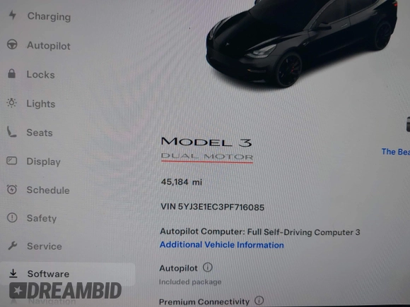 2023 Tesla Model 3 Performance z VIN 5YJ3E1EC3PF716085, wystawiony jako IAAI lot #41911684 z przebiegiem 45 184 mil mil oraz . Historia ofert i sprzedaży dostępna na DreamBid. Obrazek 7.