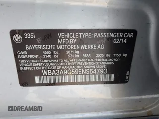 2014 BMW 3 Series 335i with VIN WBA3A9G59ENS64793, listed as a IAAI auction lot 41746865 with 93,899 mi miles. Bid and sale history available at carsss.com. Image 9.