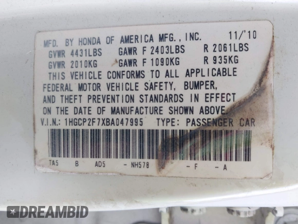 2011 Honda Accord EX with VIN 1HGCP2F7XBA047995, listed as a IAAI auction lot 42811652 with 155,856 mi miles and . Bid and sale history available at DreamBid. Image 9.