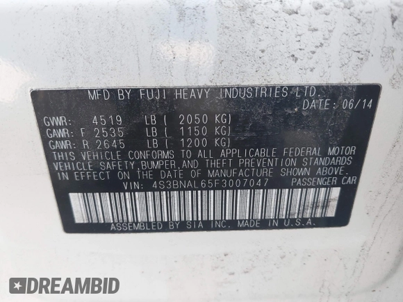 2015 Subaru Legacy 2.5i Limited with VIN 4S3BNAL65F3007047, listed as a IAAI auction lot 41903660 with 170,427 mi miles. Bid and sale history available at carsss.com. Image 9.