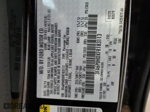 2015 Ford Fusion SE with VIN 3FA6P0HDXFR183113, listed as a Copart auction lot 52354455 with 0 mi miles and Clean Title. Bid and sale history available at carsss.com. Image 12.