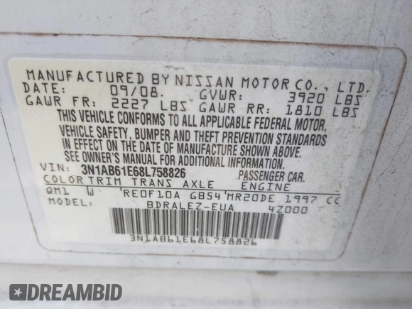 2008 Nissan Sentra S with VIN 3N1AB61E68L758826, listed as a IAAI auction lot 42033873 with 161,444 mi miles and . Bid and sale history available at DreamBid. Image 9.