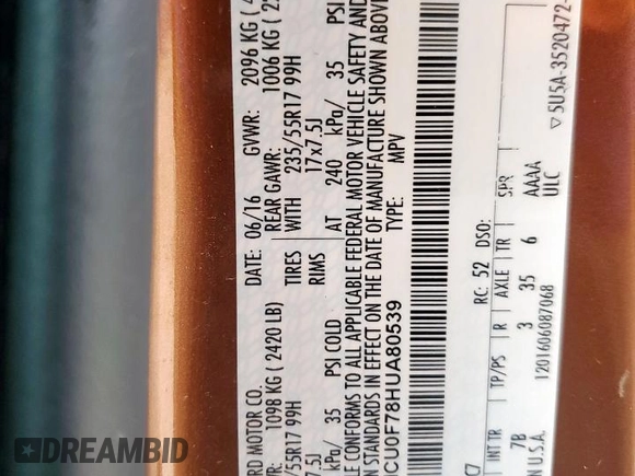 2017 Ford Escape S with VIN 1FMCU0F78HUA80539, listed as a Copart auction lot 57485415 with 131,734 mi miles and Salvage title. Bid and sale history available at DreamBid. Image 13.