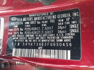 2015 Kia Sorento LX with VIN 5XYKT3A63FG630456, listed as a IAAI auction lot 41817900 with 102,382 mi miles. Bid and sale history available at carsss.com. Image 9.