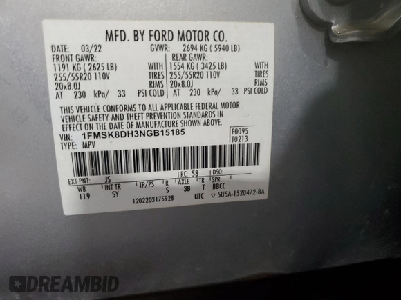 2022 Ford Explorer XLT z VIN 1FMSK8DH3NGB15185, wystawiony jako Copart lot #57857555 z przebiegiem 75 541 mil mil oraz Szkoda całkowita • Salvage title. Historia ofert i sprzedaży dostępna na DreamBid. Obrazek 14.