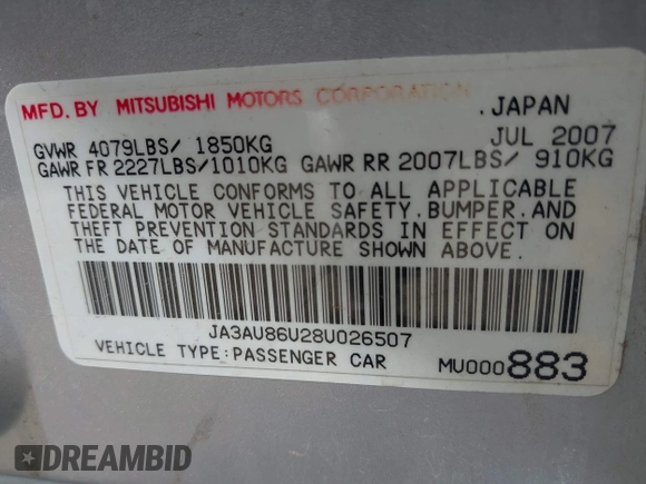 2008 Mitsubishi Lancer GTS with VIN JA3AU86U28U026507, listed as a IAAI auction lot 42033357 with 153,589 mi miles. Bid and sale history available at carsss.com. Image 9.