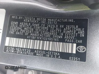 2012 Toyota Camry L with VIN 4T1BF1FK1CU165165, listed as a IAAI auction lot 41957566 with 127,048 mi miles. Bid and sale history available at carsss.com. Image 9.