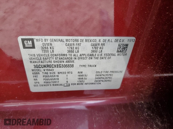 2014 Chevrolet Silverado 1500 LT with VIN 3GCUKRECXEG306838, listed as a Copart auction lot 46572745 with Not Provided miles and Clean Title. Bid and sale history available at DreamBid. Image 12.