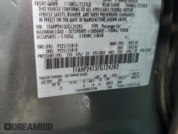 2007 Ford Five Hundred SEL with VIN 1FAHP24137G124283, listed as a Copart auction lot 67538064 with 87,954 mi miles and Salvage Title. Bid and sale history available at carsss.com. Image 12.