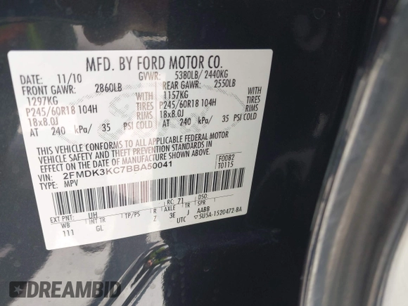 2011 Ford Edge Limited с VIN 2FMDK3KC7BBA50041, выставлен на аукционе IAAI как лот 42568785 с пробегом 161 778 миль миль и . История ставок и продаж доступна на DreamBid. Изображение 9.