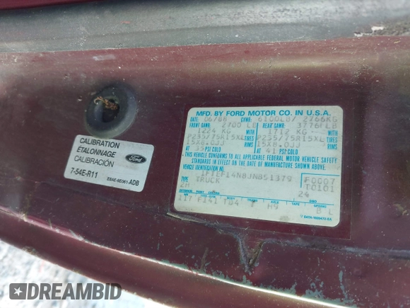 1988 Ford F-150 with VIN 1FTEF14N8JNB51379, listed as a IAAI auction lot 41648852 with 665,957 mi miles and . Bid and sale history available at DreamBid. Image 9.