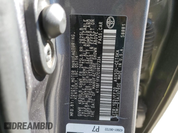 2014 Toyota Camry L with VIN 4T1BF1FK7EU827334, listed as a Copart auction lot 53384455 with 288,022 mi miles and Clean Title. Bid and sale history available at carsss.com. Image 12.