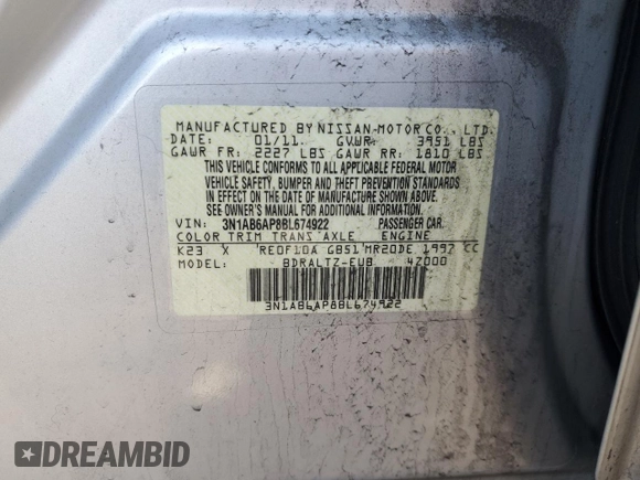 2011 Nissan Sentra SR with VIN 3N1AB6AP8BL674922, listed as a Copart auction lot 54517565 with 110,202 mi miles and Salvage title. Bid and sale history available at DreamBid. Image 12.