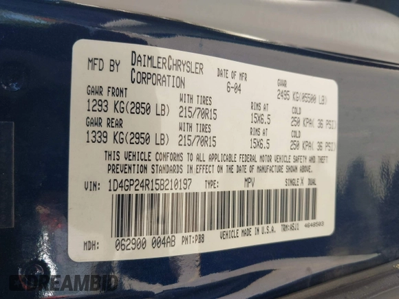 2005 Dodge Caravan SE z VIN 1D4GP24R15B210197, wystawiony jako IAAI lot #42420348 z przebiegiem 229 249 mil mil oraz . Historia ofert i sprzedaży dostępna na DreamBid. Obrazek 9.