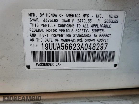 2003 Acura TL with VIN 19UUA56623A048297, listed as a Copart auction lot 48259265 with 123,135 mi miles and Clean Title. Bid and sale history available at carsss.com. Image 12.