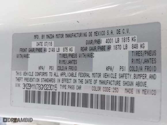 2016 Mazda Mazda3 i Grand Touring with VIN 3MZBM1N78GM323015, listed as a IAAI auction lot 41781002 with 1 mi miles. Bid and sale history available at carsss.com. Image 9.