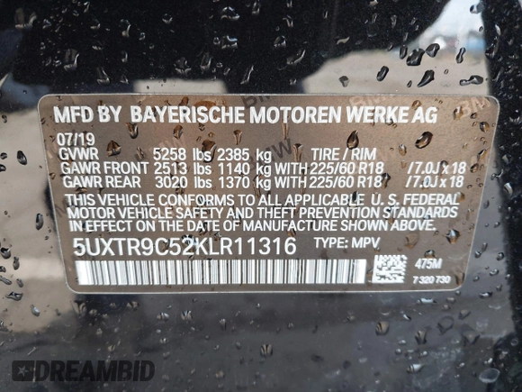 2019 BMW X3 xDrive30i with VIN 5UXTR9C52KLR11316, listed as a IAAI auction lot 42002750 with 58,127 mi miles and . Bid and sale history available at DreamBid. Image 9.