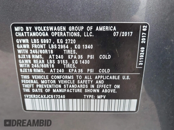 2018 Volkswagen Atlas SE z VIN 1V2KR2CAXJC517240, wystawiony jako IAAI lot #42361370 z przebiegiem 129 546 mil mil oraz . Historia ofert i sprzedaży dostępna na DreamBid. Obrazek 9.