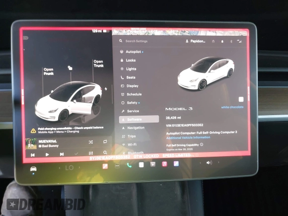 2023 Tesla Model 3 with VIN 5YJ3E1EA0PF503352, listed as a IAAI auction lot 41718658 with 28,426 mi miles and . Bid and sale history available at DreamBid. Image 18.