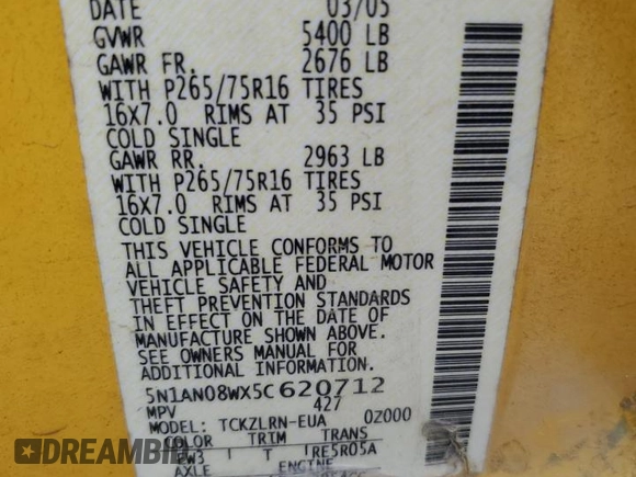 2005 Nissan Xterra SE z VIN 5N1AN08WX5C620712, wystawiony jako Copart lot #57815735 z przebiegiem 203 340 mil mil oraz Szkoda całkowita • Salvage title. Historia ofert i sprzedaży dostępna na DreamBid. Obrazek 13.