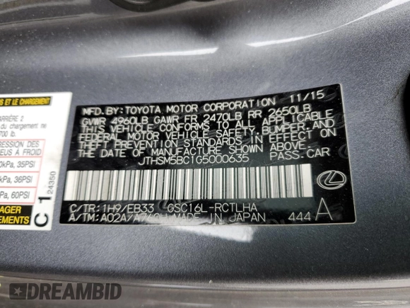 2016 Lexus RC 300 F Sport z VIN JTHSM5BC1G5000635, wystawiony jako Copart lot #88128555 z przebiegiem 121 988 mil mil oraz Szkoda całkowita • Salvage title. Historia ofert i sprzedaży dostępna na DreamBid. Obrazek 12.