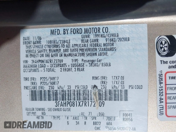 2007 Ford Fusion SEL with VIN 3FAHP081X7R172709, listed as a IAAI auction lot 42018164 with 156,931 mi miles. Bid and sale history available at carsss.com. Image 9.