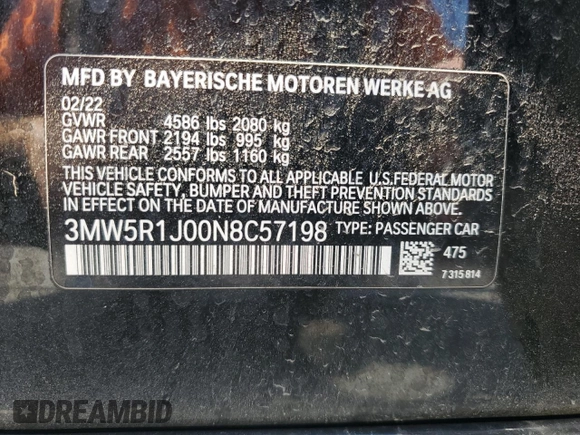 2022 BMW 3 Series 330i z VIN 3MW5R1J00N8C57198, wystawiony jako Copart lot #54891535 z przebiegiem Nie podano mil oraz Szkoda całkowita • Salvage title. Historia ofert i sprzedaży dostępna na DreamBid. Obrazek 12.