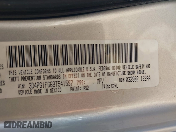 2011 Dodge Journey Mainstreet with VIN 3D4PG1FG6BT541597, listed as a IAAI auction lot 41754712 with 199,350 mi miles and . Bid and sale history available at DreamBid. Image 9.