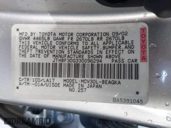 2003 Lexus ES 300 with VIN JTHBF30G330096294, listed as a IAAI auction lot 41760104 with 115,823 mi miles and . Bid and sale history available at DreamBid. Image 9.