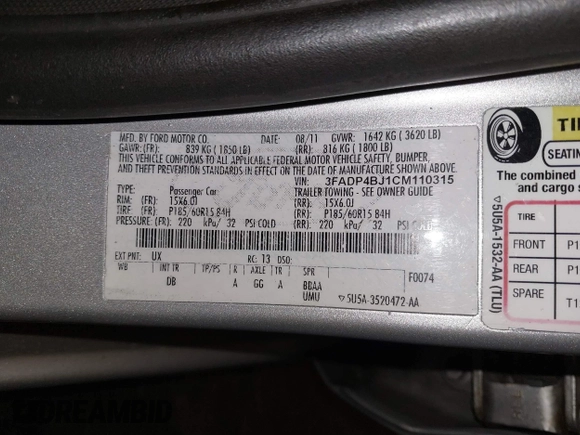 2012 Ford Fiesta SE with VIN 3FADP4BJ1CM110315, listed as a IAAI auction lot 39266357 with 144,749 mi miles. Bid and sale history available at carsss.com. Image 9.