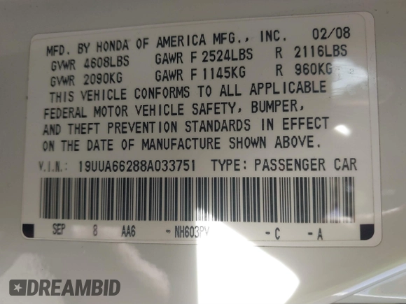2008 Acura TL with VIN 19UUA66288A033751, listed as a IAAI auction lot 41502588 with 204,074 mi miles. Bid and sale history available at carsss.com. Image 9.