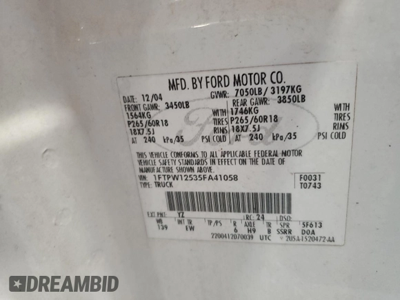 2005 Ford F-150 XLT с VIN 1FTPW12535FA41058, выставлен на аукционе Copart как лот 63579605 с пробегом 214 285 миль миль и Чистый • Clean title. История ставок и продаж доступна на DreamBid. Изображение 12.