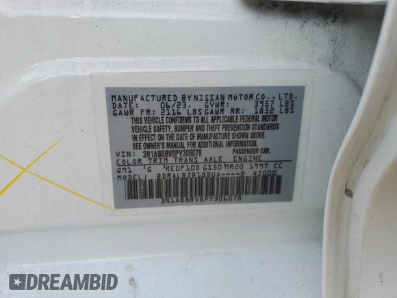 2023 Nissan Sentra S z VIN 3N1AB8BV8PY306078, wystawiony jako Copart lot #51813805 z przebiegiem 79 133 mil mil oraz Szkoda całkowita • Salvage title. Historia ofert i sprzedaży dostępna na DreamBid. Obrazek 14.