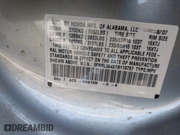 2007 Honda Odyssey EX with VIN 5FNRL384X7B119757, listed as a IAAI auction lot 41809763 with 163,526 mi miles and . Bid and sale history available at DreamBid. Image 9.