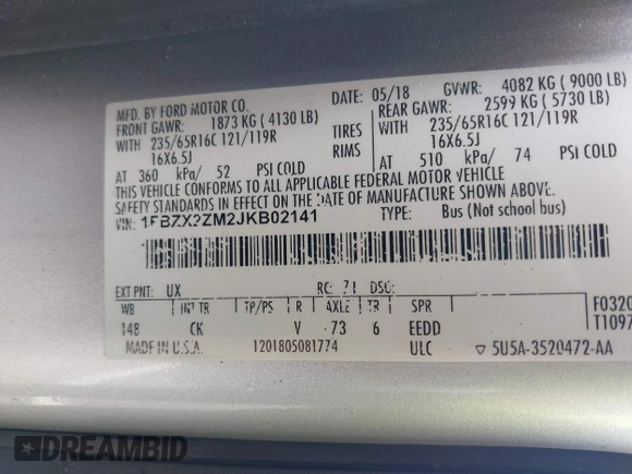 2018 Ford Transit Passenger XL z VIN 1FBZX2ZM2JKB02141, wystawiony jako IAAI lot #41914073 z przebiegiem 103 718 mil mil oraz . Historia ofert i sprzedaży dostępna na DreamBid. Obrazek 9.