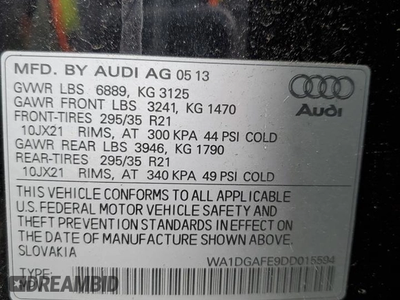 2013 Audi Q7 S line Prestige with VIN WA1DGAFE9DD015594, listed as a Copart auction lot 57185845 with 123,525 mi miles and Clean title. Bid and sale history available at DreamBid. Image 13.