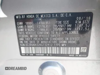 2019 Honda HR-V LX with VIN 3CZRU6H32KG732412, listed as a IAAI auction lot 41641503 with 70,990 mi miles. Bid and sale history available at carsss.com. Image 9.