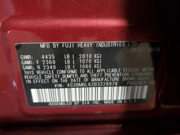2011 Subaru Legacy Limited Power Moon with VIN 4S3BMBL62B3228978, listed as a Copart auction lot 45939165 with 84,893 mi miles and Salvage title. Bid and sale history available at DreamBid. Image 12.