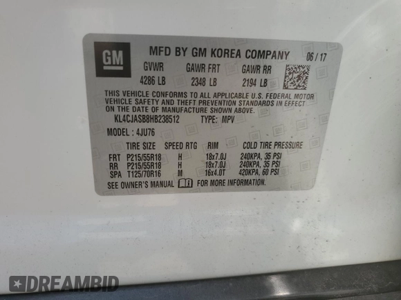 2017 Buick Encore Preferred with VIN KL4CJASB8HB238512, listed as a Copart auction lot 61599505 with 70,439 mi miles and Salvage title. Bid and sale history available at DreamBid. Image 12.