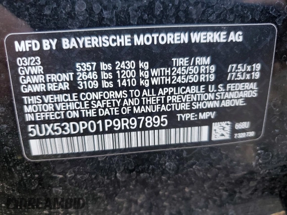 2023 BMW X3 xDrive30i with VIN 5UX53DP01P9R97895, listed as a Copart auction lot 47748745 with 18,193 mi miles and Salvage Title. Bid and sale history available at carsss.com. Image 13.