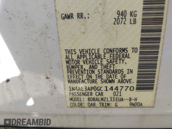 2016 Nissan Altima SR with VIN 1N4AL3AP0GC144770, listed as a IAAI auction lot 41759839 with 132,694 mi miles and . Bid and sale history available at DreamBid. Image 9.