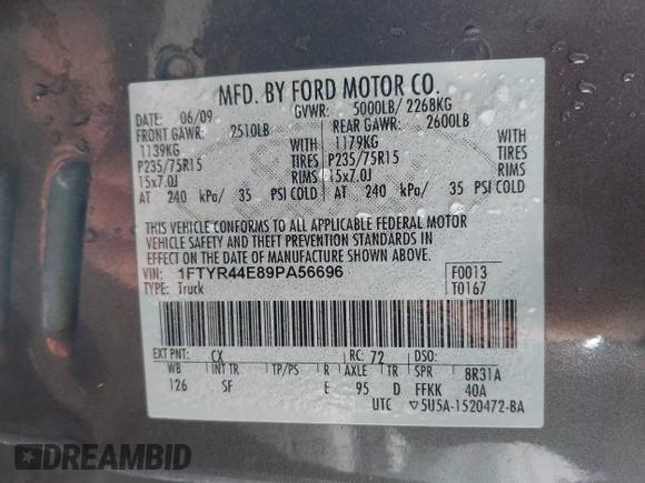 2009 Ford Ranger XLT with VIN 1FTYR44E89PA56696, listed as a IAAI auction lot 41939544 with 144,747 mi miles. Bid and sale history available at carsss.com. Image 9.