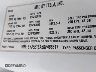 2019 Tesla Model 3 Mid Range z VIN 5YJ3E1EA5KF466517, wystawiony jako IAAI lot #40296116 z przebiegiem 66 509 mil mil oraz . Historia ofert i sprzedaży dostępna na DreamBid. Obrazek 9.
