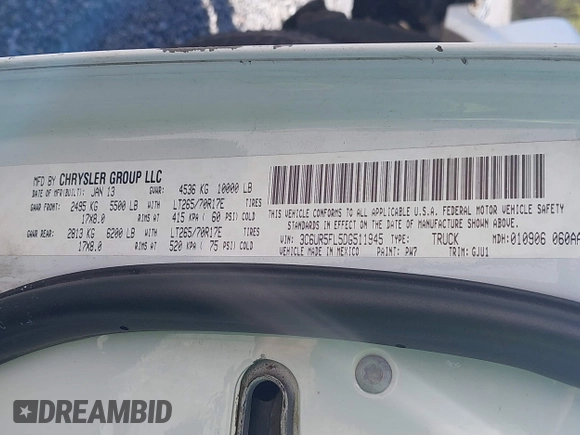 2013 Ram 2500 Laramie with VIN 3C6UR5FL5DG511945, listed as a IAAI auction lot 41791206 with 266,899 mi miles and . Bid and sale history available at DreamBid. Image 9.